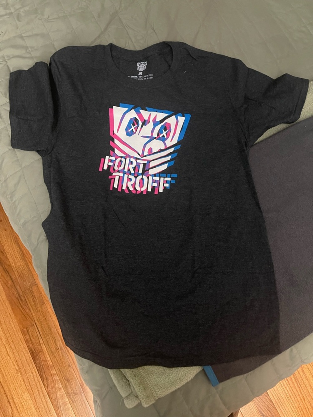 Mens size small fort Troff Black Graphic Tee with Pink & Blue Logo